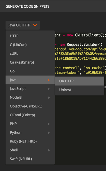 Postman把请求生成其他各种语言的代码