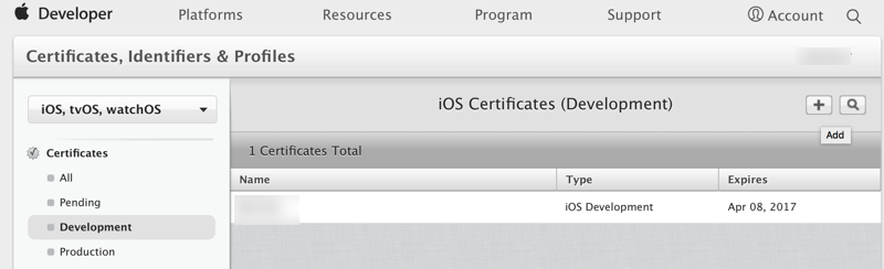 苹果开发者后台证书点击加号新建